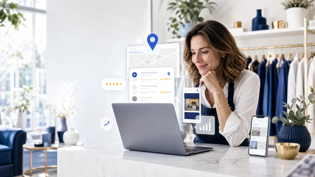 Commerçante analysant sa visibilité locale sur un ordinateur et un smartphone