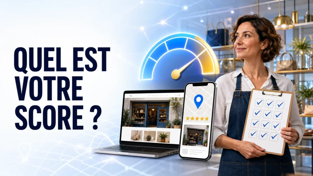 Commerçante calculant le score de visibilité locale de son entreprise
