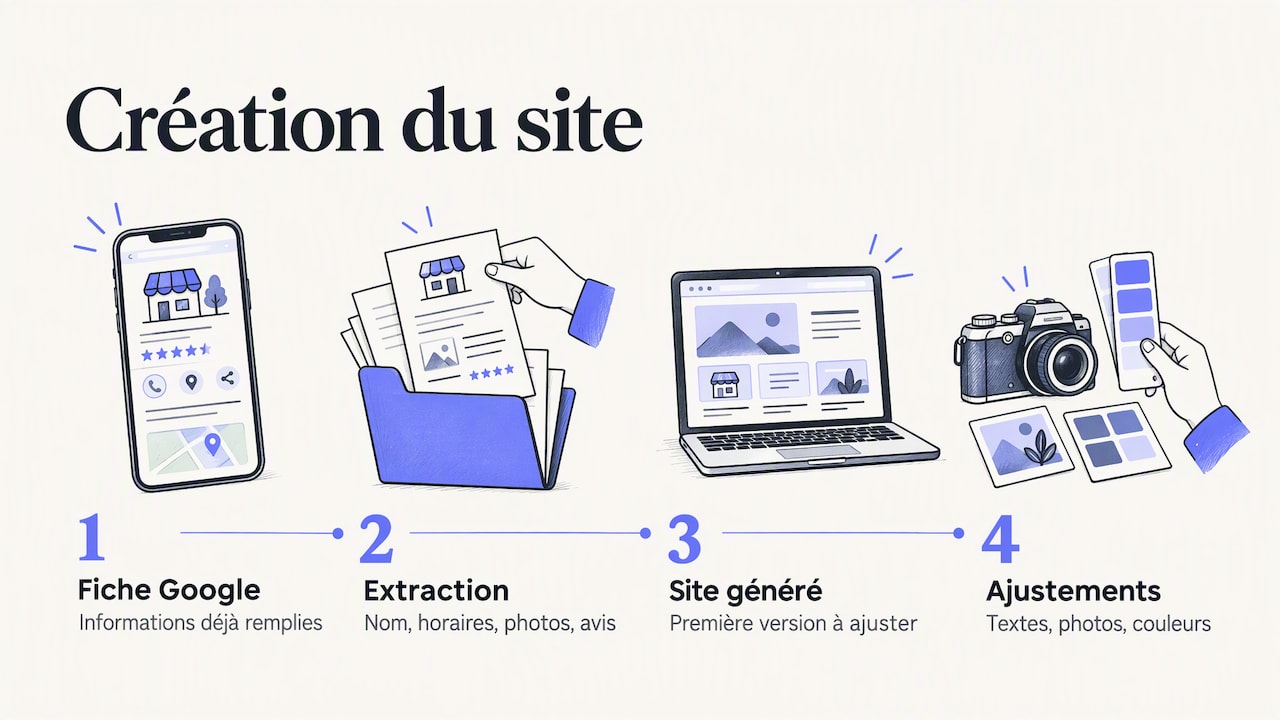 Notre point de vue : partir de la fiche Google plutôt que de la page blanche — overview diagram