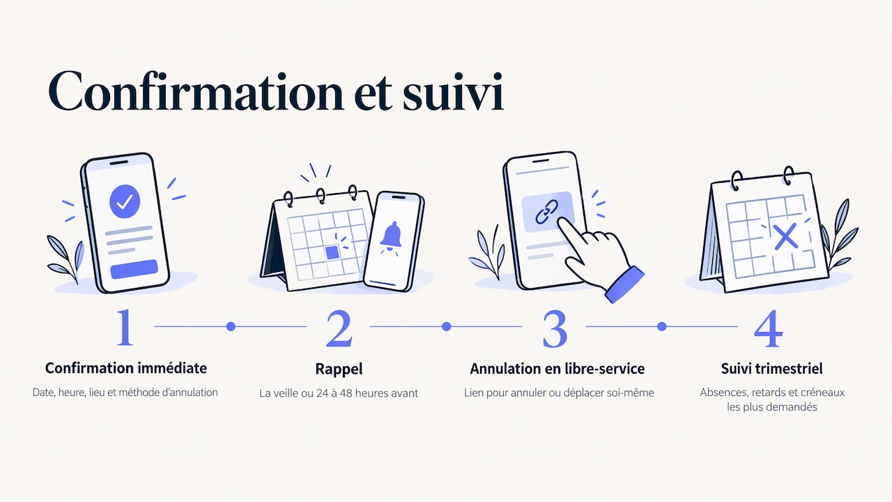 Confirmations, rappels et annulations : réduire les absences — overview diagram