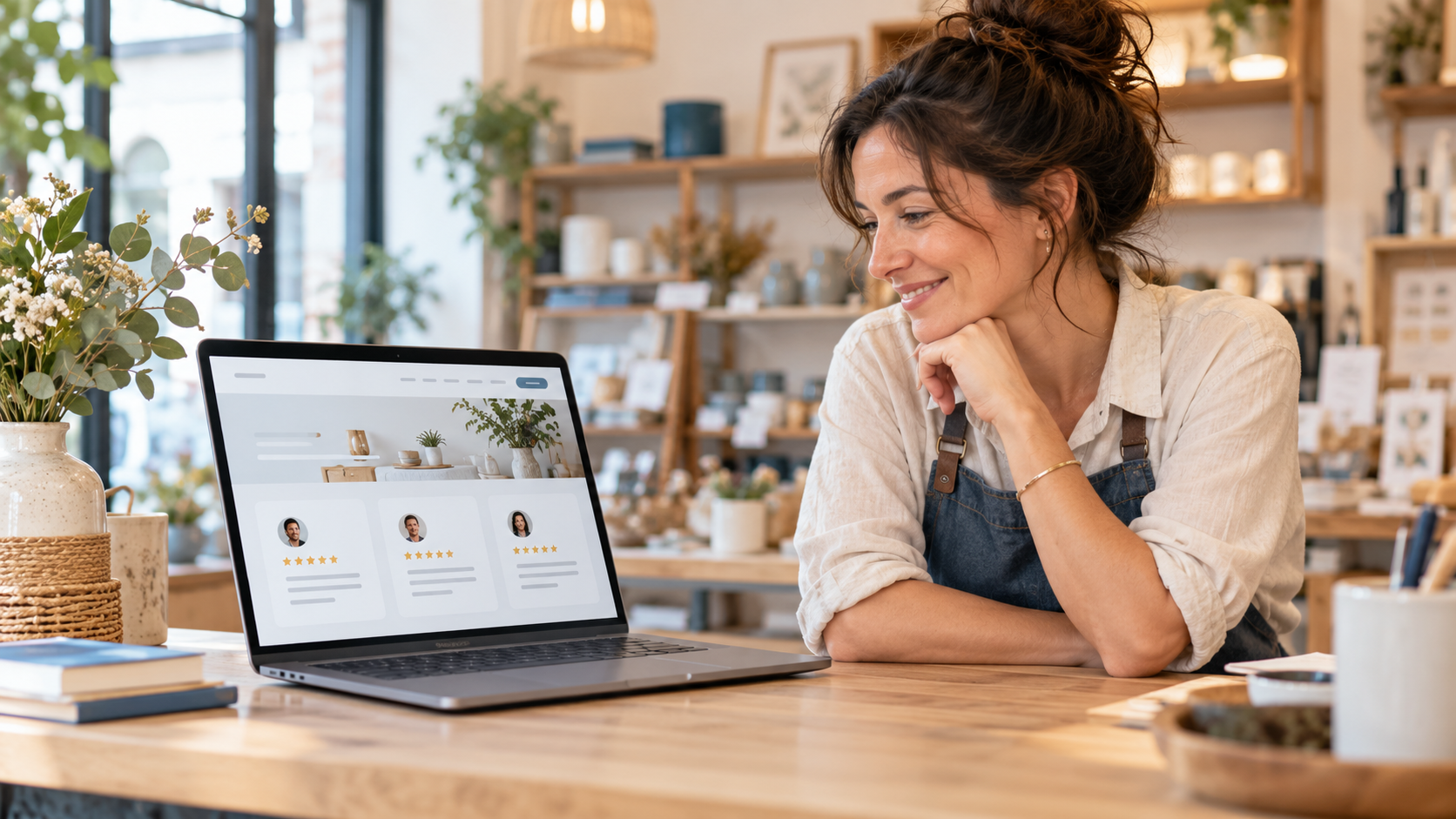 Commerçante consultant des avis clients affichés sur son site internet